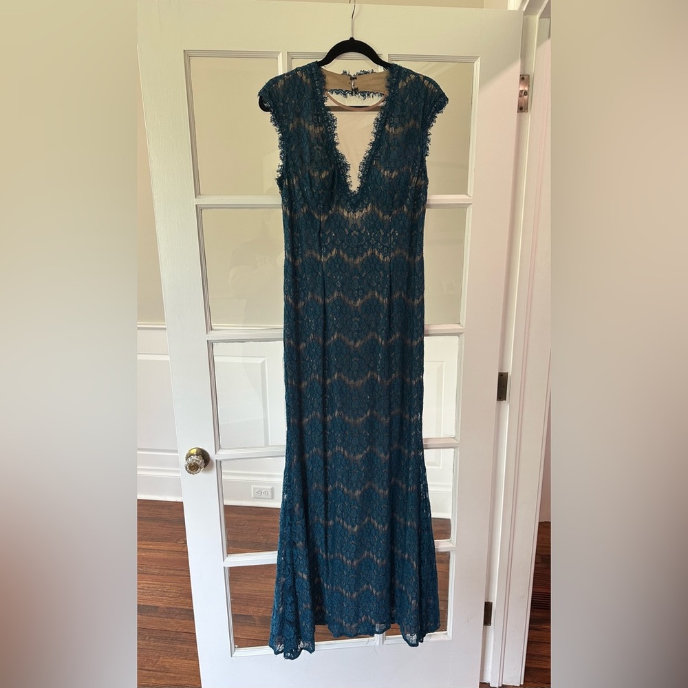 Betsy & Adam Elegant Teal Lace Gown